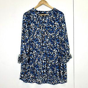 Lily Morgan Blouse Womens Plus Size 1X Blue Animal Print Roll Tab Sleeve Popover